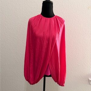 ZARA Fuchsia Draped Blouse | Bright Pink Balloon Sleeve Top w/ Side Zipper
